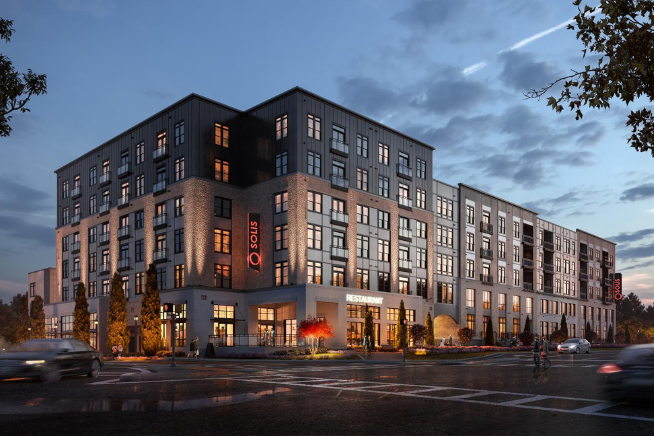 Modern multifamily residential building at dusk with illuminated signage and active street life, featuring architectural 3D renderings and professional photography.